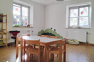 Gruppenraum mit Spielecke Kleiner Gruppenraum mit Tisch, Stühlen und Spielecke im Kinderhaus Etzelwang