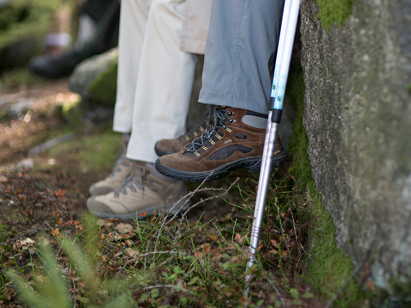 Bild: Beine zweier Menschen, die von einem Baumstamm baumeln