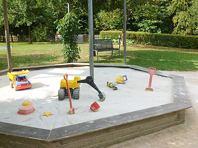Sandkasten mit Spielsachen und Fahrzeugen im Garten der Kita Loderhof