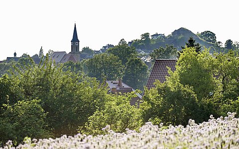 Die Kirchturmspitze der Dreieinigkeitskirche bei Neustadt am Kulm