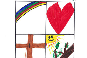 Eine Schülergrafik mit einem Regenbogen, einem Herz, einem Kreuz und einem Ast wo die Sonne darauf scheint. 