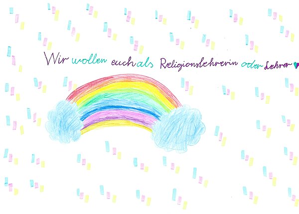 Ein Bild mit einem bunten Regenbogen, inklusive Schriftzug der Lehrersuche beinhaltet.
