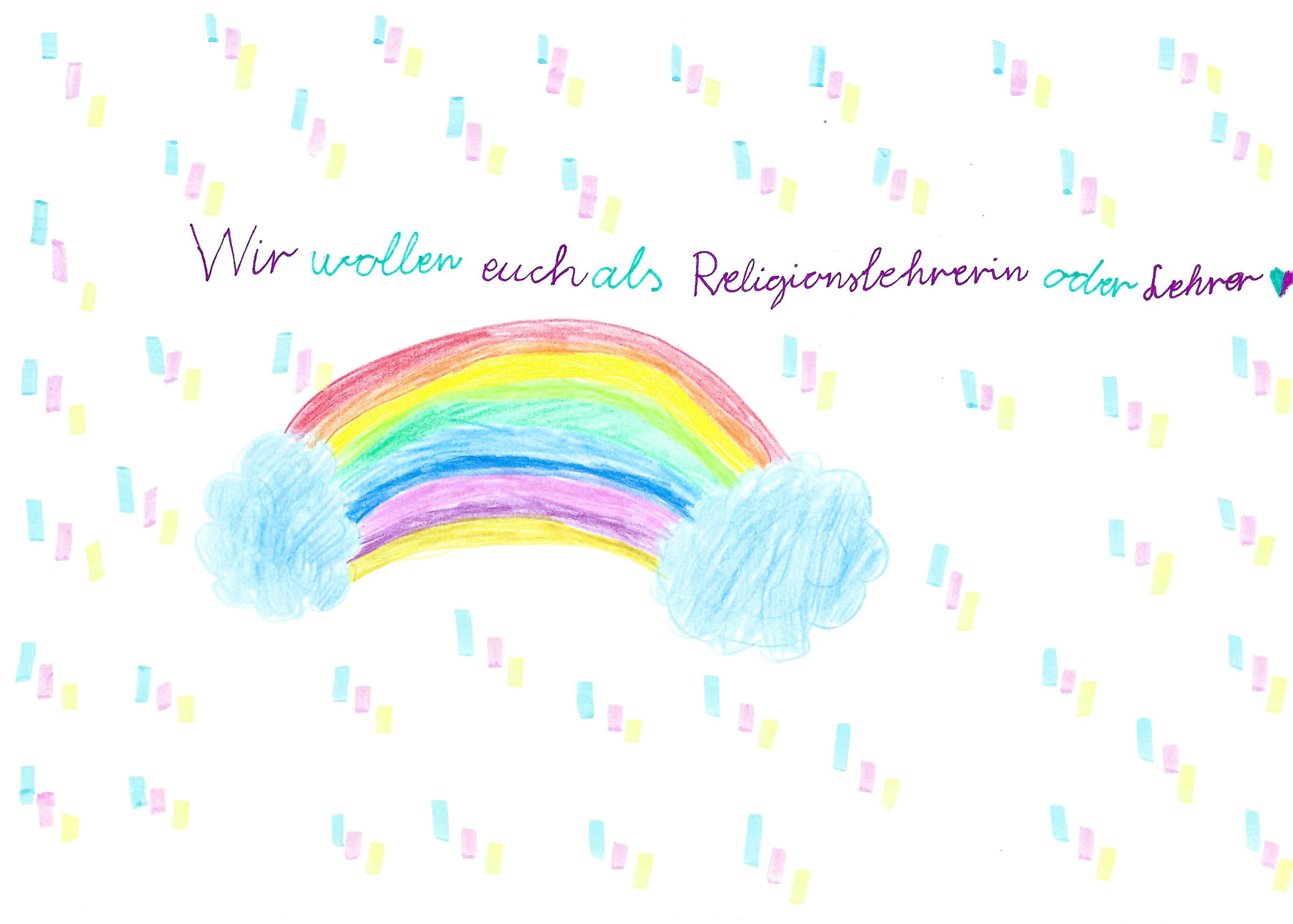 Ein Bild mit einem bunten Regenbogen, inklusive Schriftzug der Lehrersuche beinhaltet.