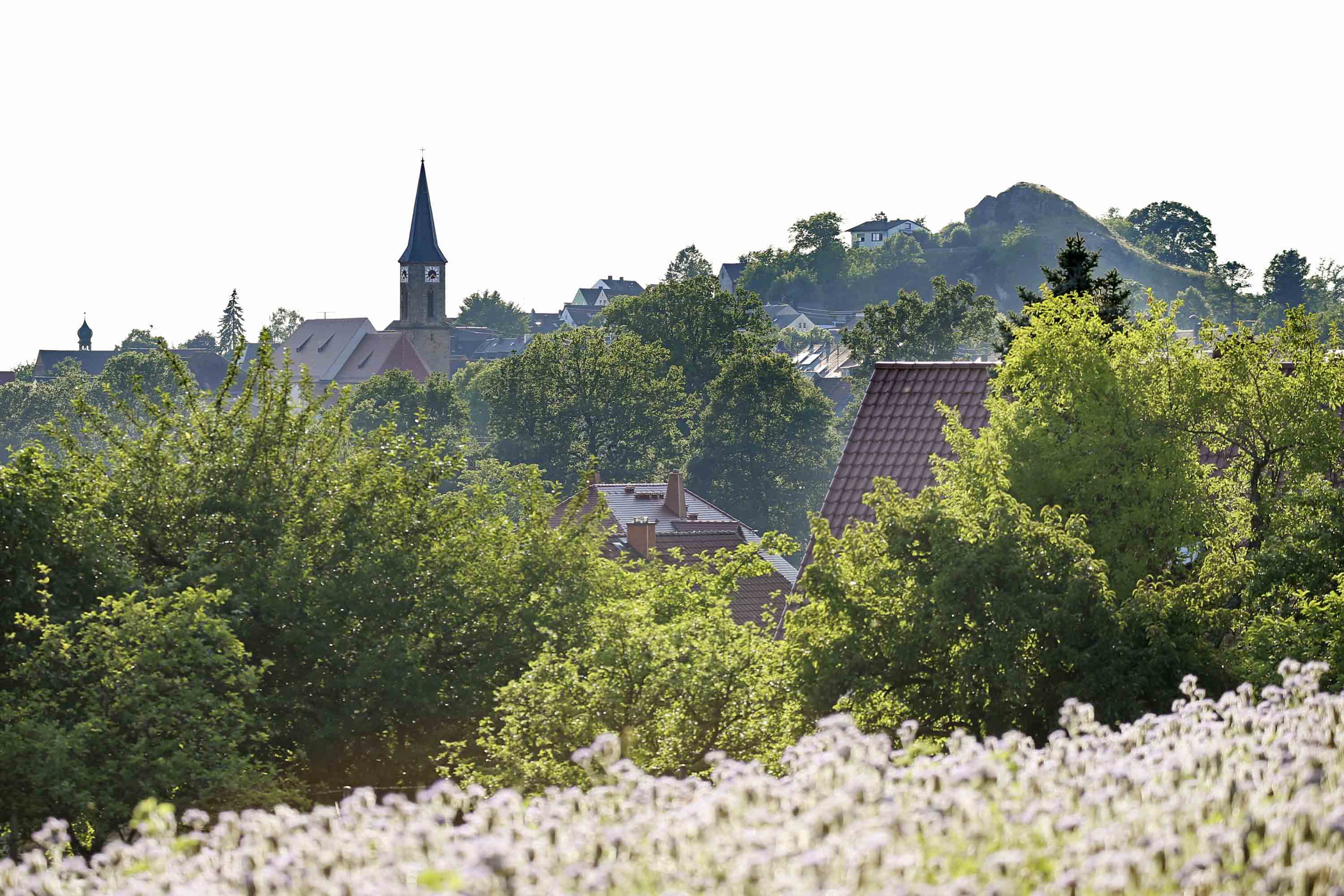 Die Kirchturmspitze der Dreieinigkeitskirche bei Neustadt am Kulm
